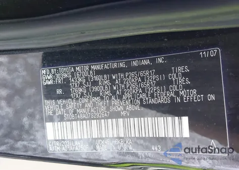 2007 Toyota Sequoia Limited V8 z USA, uszkodzony, nr VIN 5TDBT48A07S292647